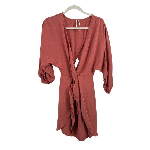 Anthropologie Puff Sleeve Wrap Mini Dress Linen Blend Rose Pink Womens Size 8 - Picture 2 of 9